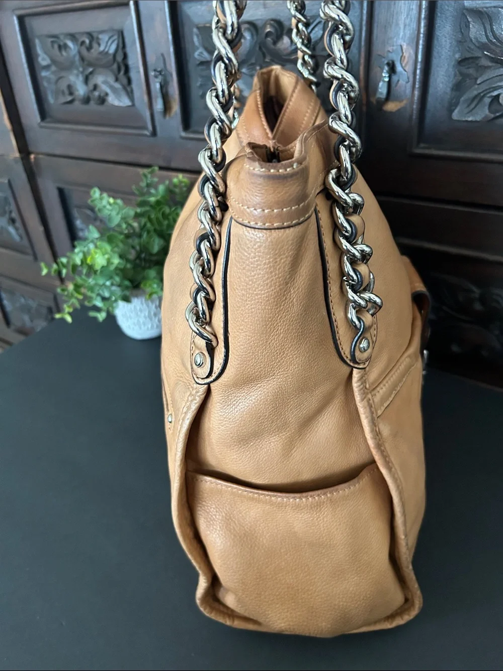 b. makowsky Tan Leather Chain-Accent Shoulder Bag